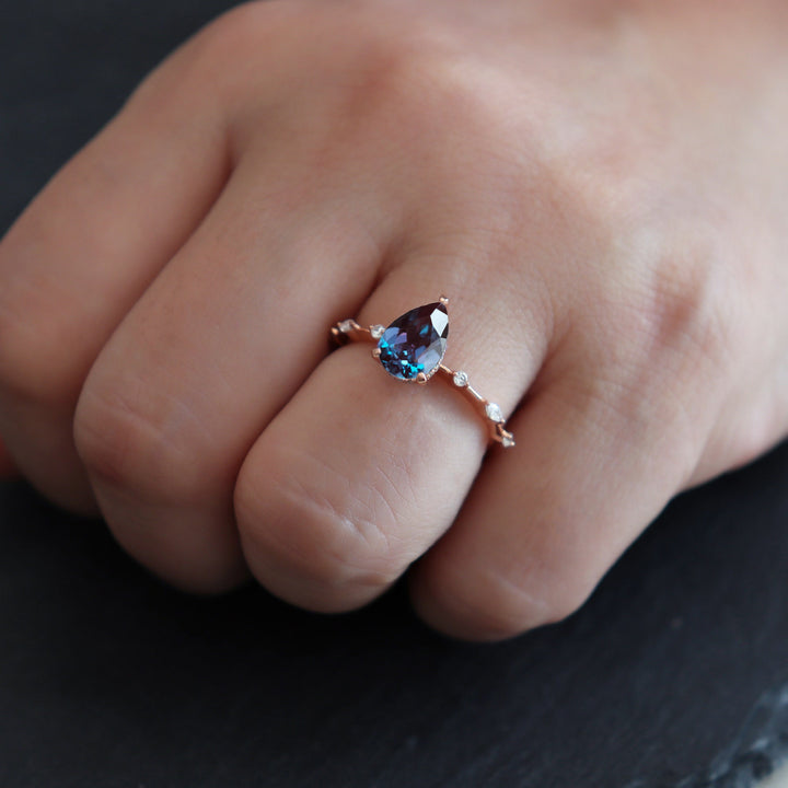 Pear Alexandrite Engagement Ring 14K Rose Gold Silver Teardrop Alexandrite Wedding Ring June Birthstone Alexandrite Hidden Halo Promise Ring - ShainJewelry