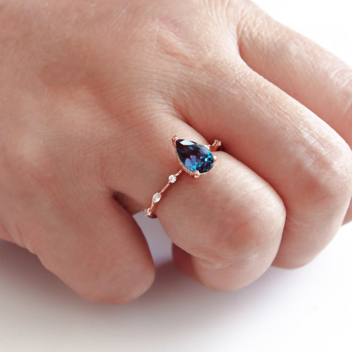 Pear Alexandrite Engagement Ring 14K Rose Gold Silver Teardrop Alexandrite Wedding Ring June Birthstone Alexandrite Hidden Halo Promise Ring - ShainJewelry