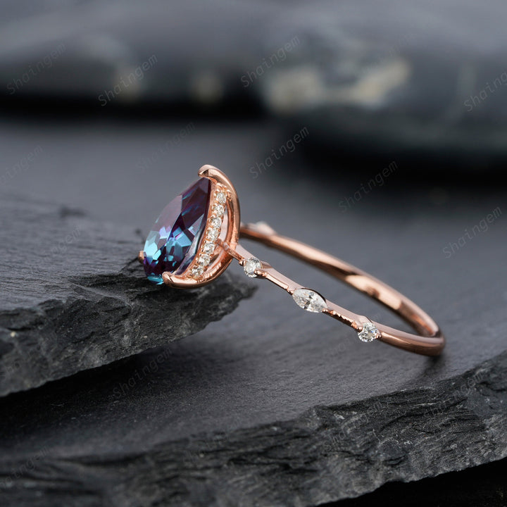 Pear Alexandrite Engagement Ring 14K Rose Gold Silver Teardrop Alexandrite Wedding Ring June Birthstone Alexandrite Hidden Halo Promise Ring - ShainJewelry