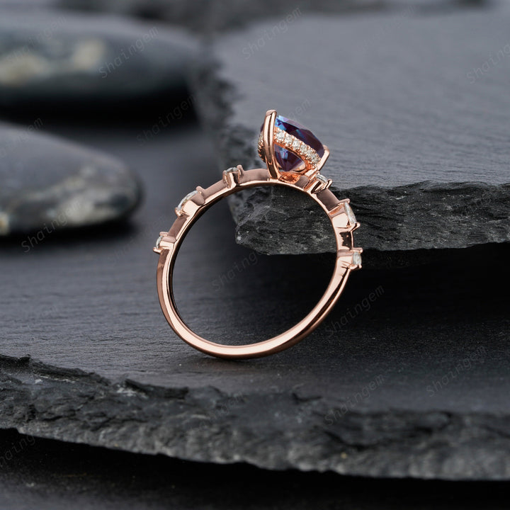 Pear Alexandrite Engagement Ring 14K Rose Gold Silver Teardrop Alexandrite Wedding Ring June Birthstone Alexandrite Hidden Halo Promise Ring - ShainJewelry