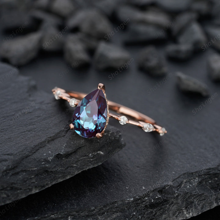 Pear Alexandrite Engagement Ring 14K Rose Gold Silver Teardrop Alexandrite Wedding Ring June Birthstone Alexandrite Hidden Halo Promise Ring - ShainJewelry