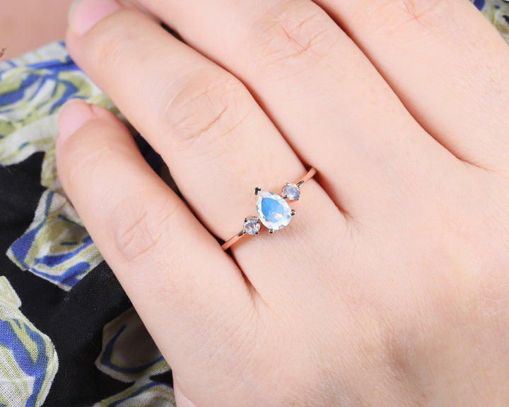 Unique Pear Moonstone Engagement Ring, Petite 14K Rose Gold June Birthstone Ring Dainty Blue Moonstone Wedding Ring Three Stone Promise Ring - ShainJewelry