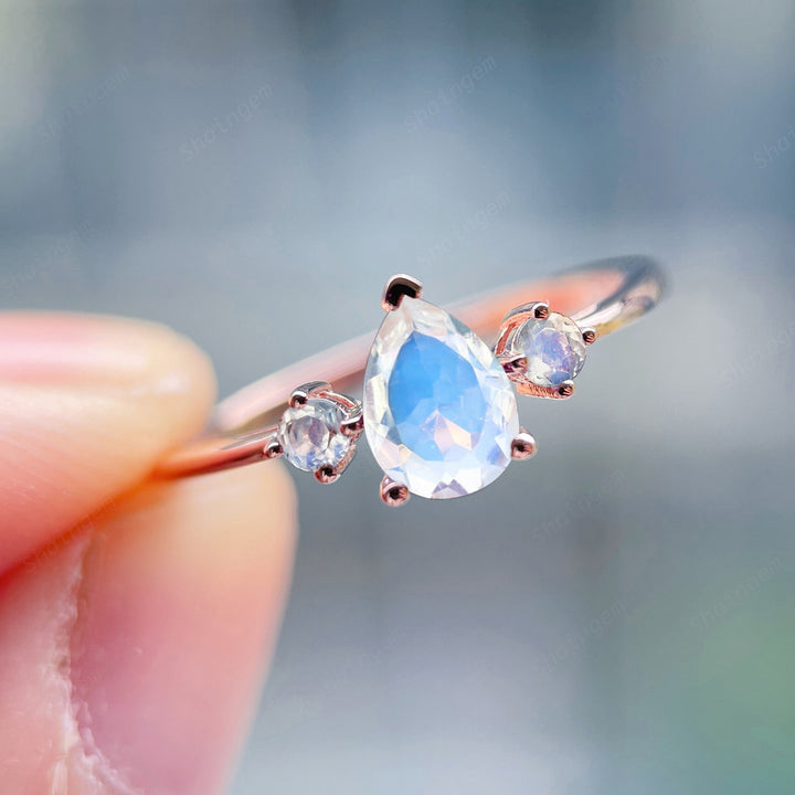 Unique Pear Moonstone Engagement Ring, Petite 14K Rose Gold June Birthstone Ring Dainty Blue Moonstone Wedding Ring Three Stone Promise Ring - ShainJewelry