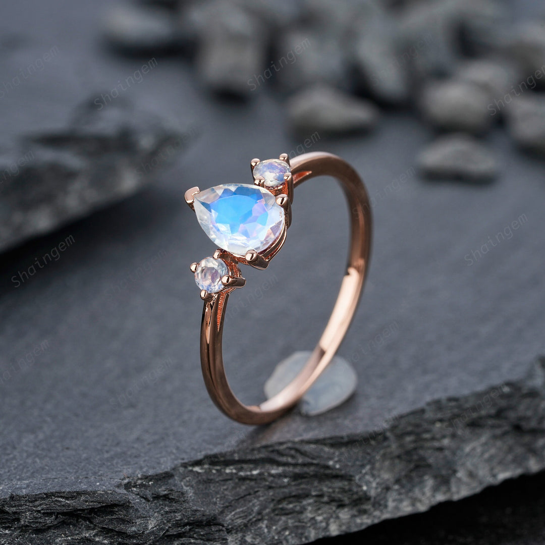Unique Pear Moonstone Engagement Ring, Petite 14K Rose Gold June Birthstone Ring Dainty Blue Moonstone Wedding Ring Three Stone Promise Ring - ShainJewelry