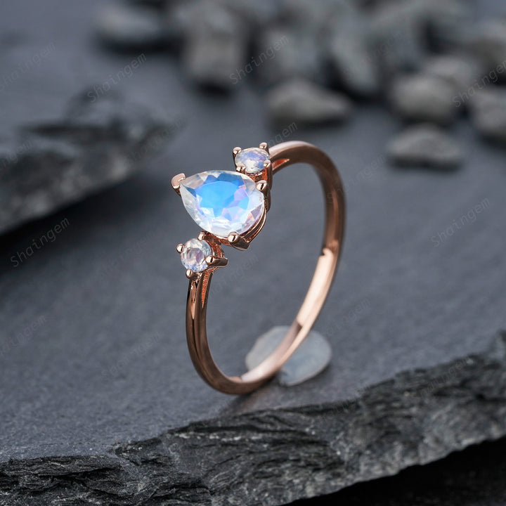 Unique Pear Moonstone Engagement Ring, Petite 14K Rose Gold June Birthstone Ring Dainty Blue Moonstone Wedding Ring Three Stone Promise Ring - ShainJewelry