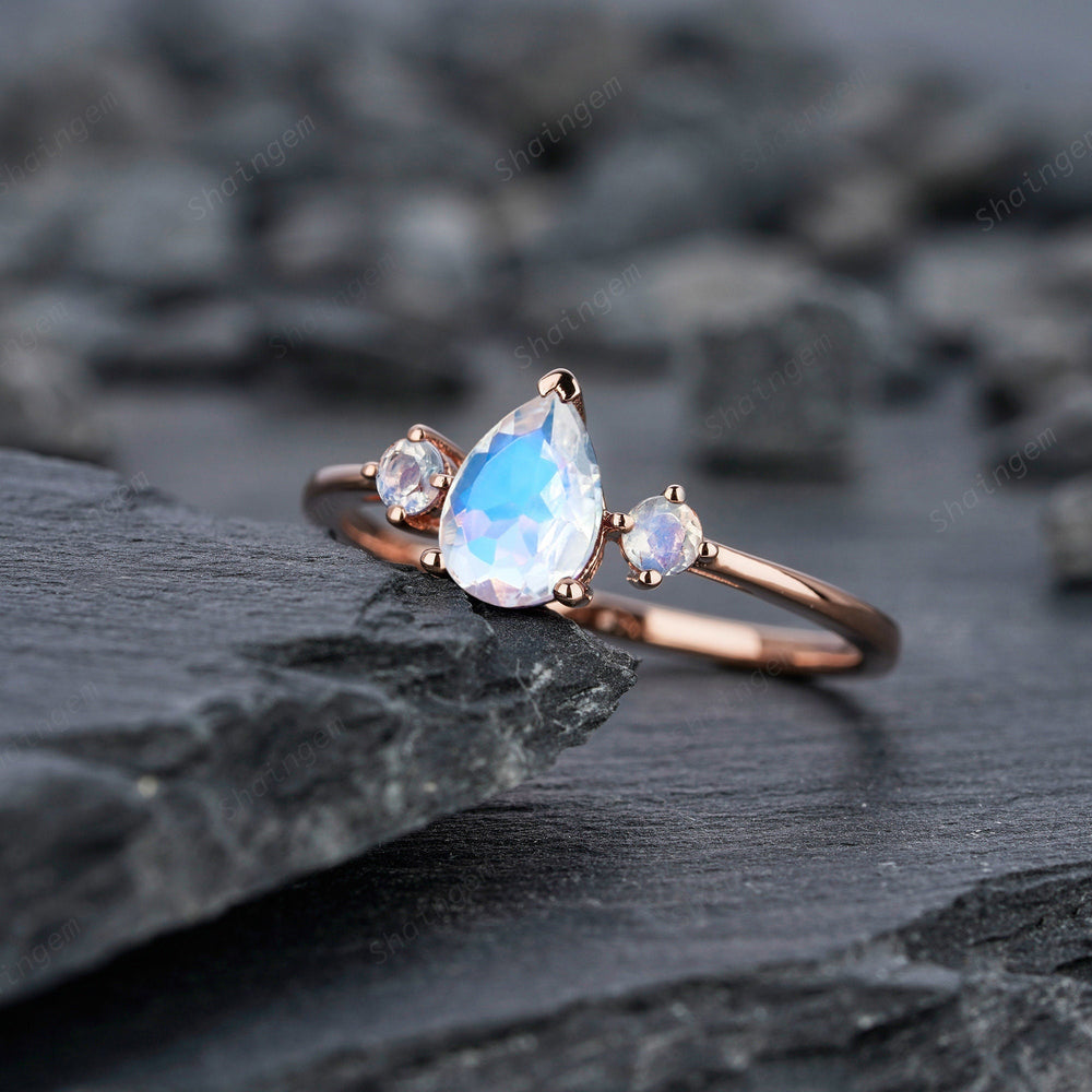 Unique Pear Moonstone Engagement Ring, Petite 14K Rose Gold June Birthstone Ring Dainty Blue Moonstone Wedding Ring Three Stone Promise Ring - ShainJewelry