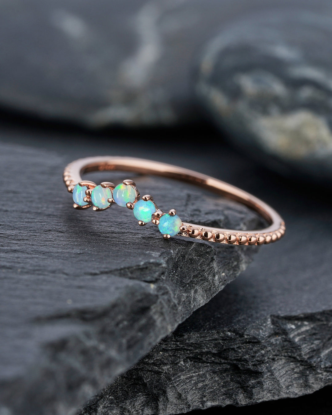 Milgrain V Shape Australian Blue Fire Opal Wedding Band, Unique 14K 18K Rose Gold Ring Enhancer Nesting Band Vintage Matching Band for Women - ShainJewelry