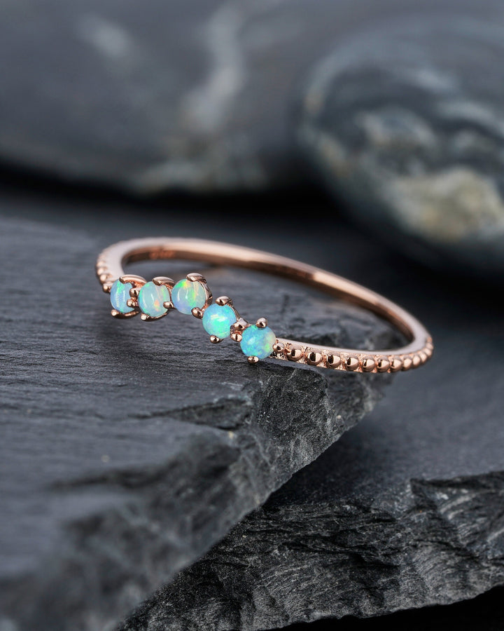 Milgrain V Shape Australian Blue Fire Opal Wedding Band, Unique 14K 18K Rose Gold Ring Enhancer Nesting Band Vintage Matching Band for Women - ShainJewelry