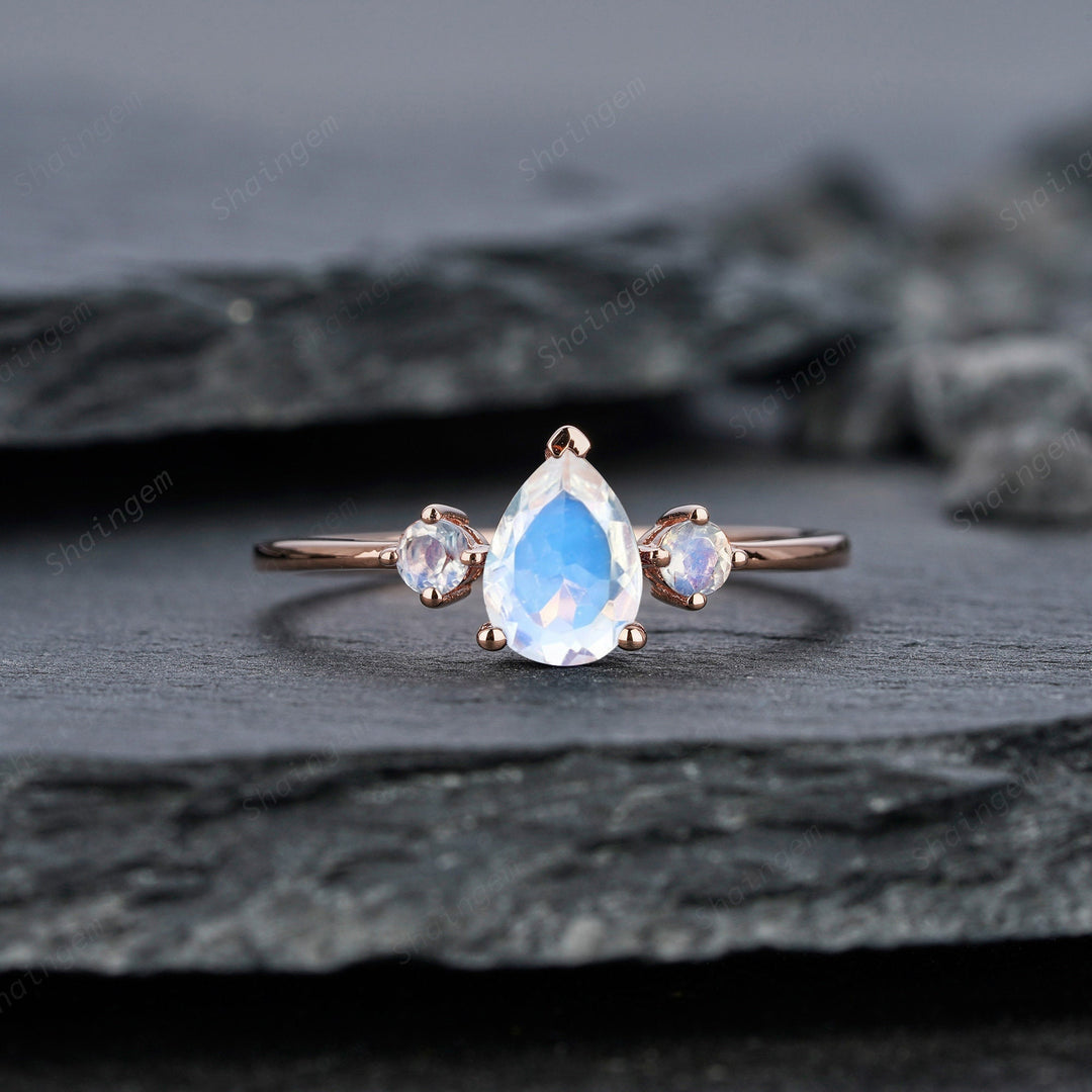 Unique Pear Moonstone Engagement Ring, Petite 14K Rose Gold June Birthstone Ring Dainty Blue Moonstone Wedding Ring Three Stone Promise Ring - ShainJewelry