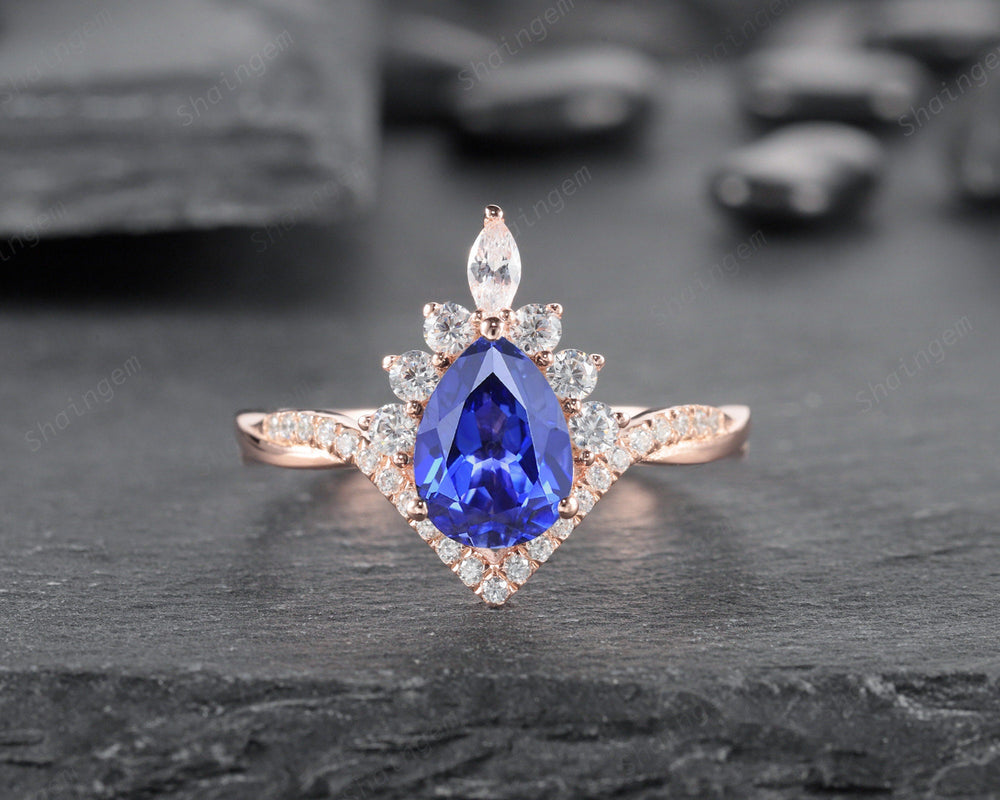 Pear Shape Cornflower Blue Sapphire Halo Engagement Ring Set, Unique 14K Rose Gold Chevron Bridal Set, Promise Ring Wedding Set for Women - ShainJewelry