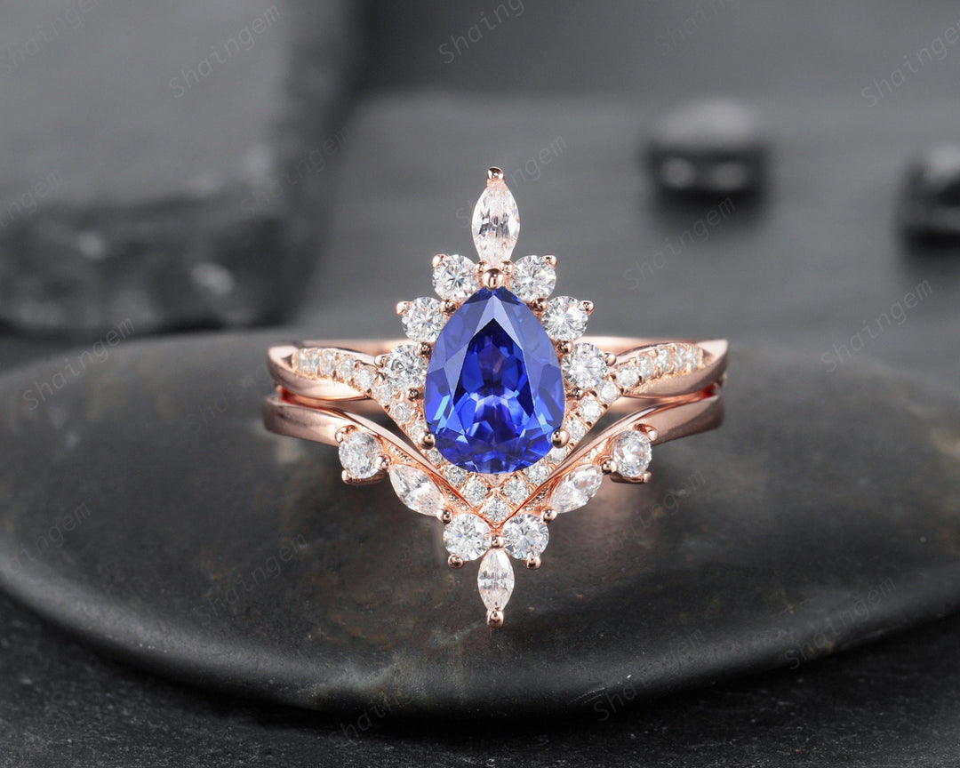 Pear Shape Cornflower Blue Sapphire Halo Engagement Ring Set, Unique 14K Rose Gold Chevron Bridal Set, Promise Ring Wedding Set for Women - ShainJewelry