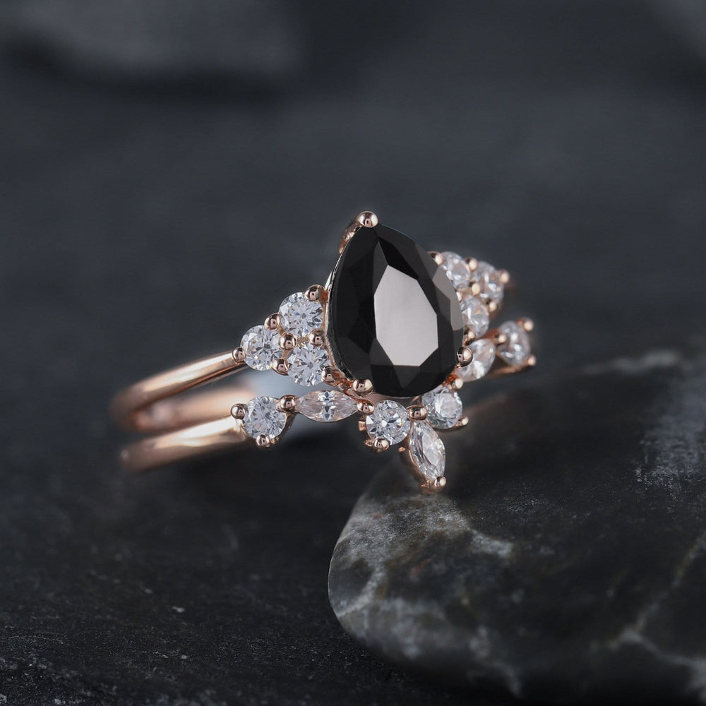 Vintage Black Onyx and Moissanite Engagement Ring Set, 14K Rose Gold or Silver Pear Black Gemstone Wedding Bridal Set Promise Ring for her - ShainJewelry