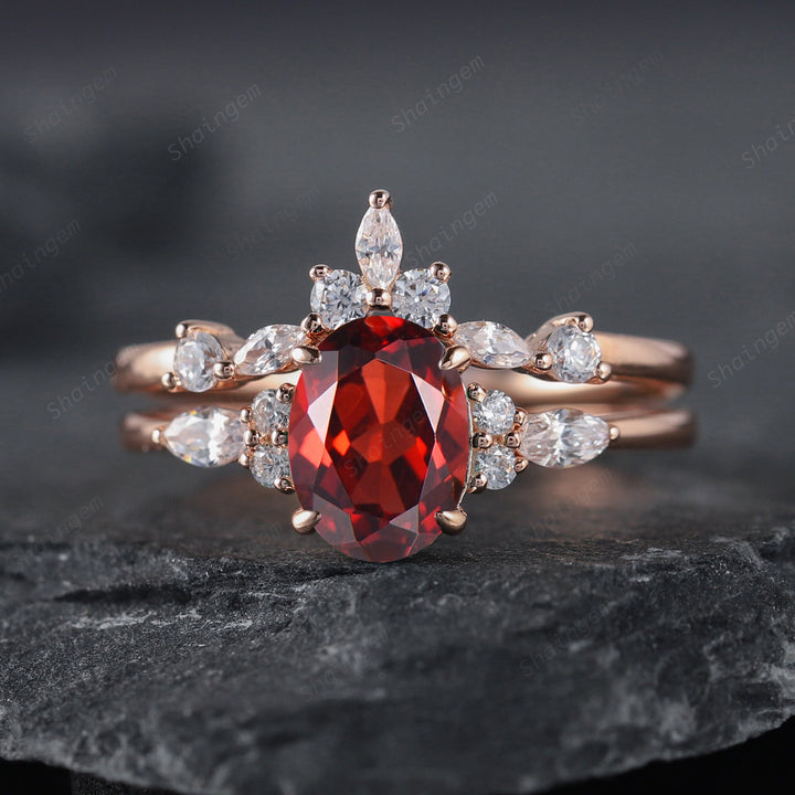 Vintage Oval Garnet and Diamond Engagement Ring Set 14K Rose Gold Garnet Wedding Set, Garnet Bridal Set Promise Ring January Birthstone Gift - ShainJewelry
