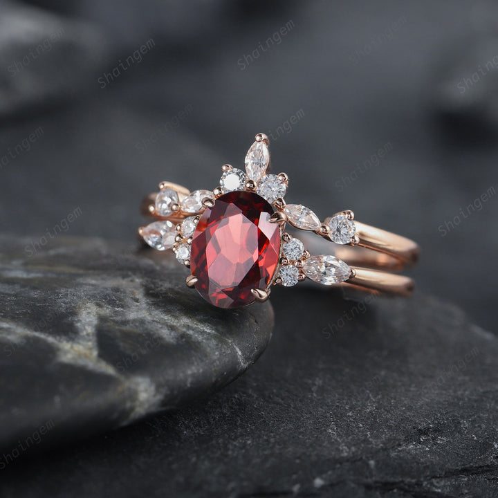 Vintage Oval Garnet and Diamond Engagement Ring Set 14K Rose Gold Garnet Wedding Set, Garnet Bridal Set Promise Ring January Birthstone Gift - ShainJewelry