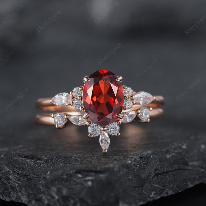 Vintage Oval Garnet and Diamond Engagement Ring Set 14K Rose Gold Garnet Wedding Set, Garnet Bridal Set Promise Ring January Birthstone Gift - ShainJewelry