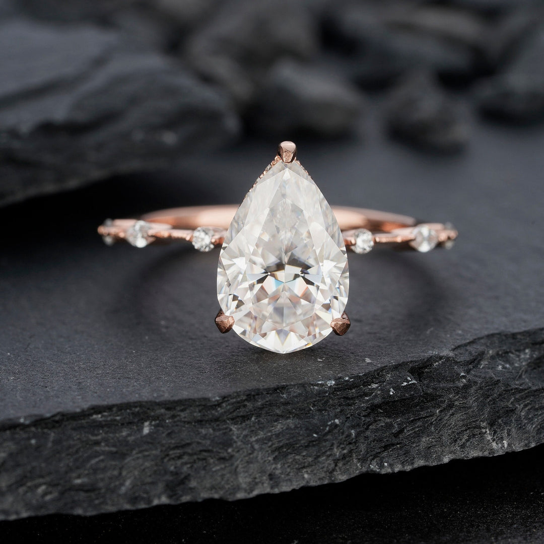 Vintage 4 Carats Large Pear Moissanite Engagement Ring Unique Rose Gold Moissanite Hidden Halo Wedding Ring Teardrop Moissanite Promise Ring - ShainJewelry