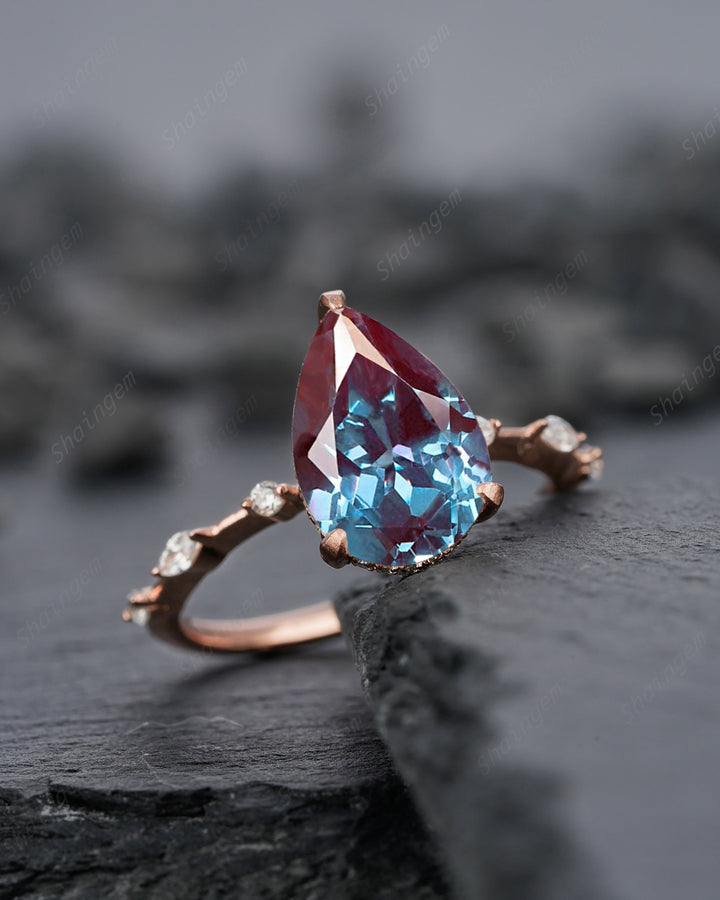 Vintage Large 8x12mm Pear Cut Alexandrite and Diamond Engagement Ring Unique Rose Gold Teardrop Alexandrite Hidden Halo Wedding Promise Ring - ShainJewelry
