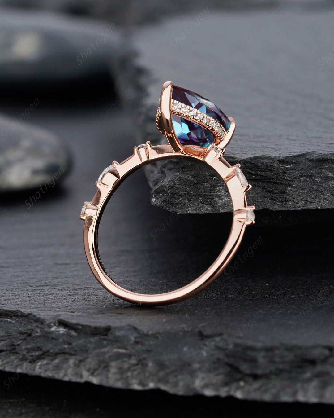 Vintage Large 8x12mm Pear Cut Alexandrite and Diamond Engagement Ring Unique Rose Gold Teardrop Alexandrite Hidden Halo Wedding Promise Ring - ShainJewelry