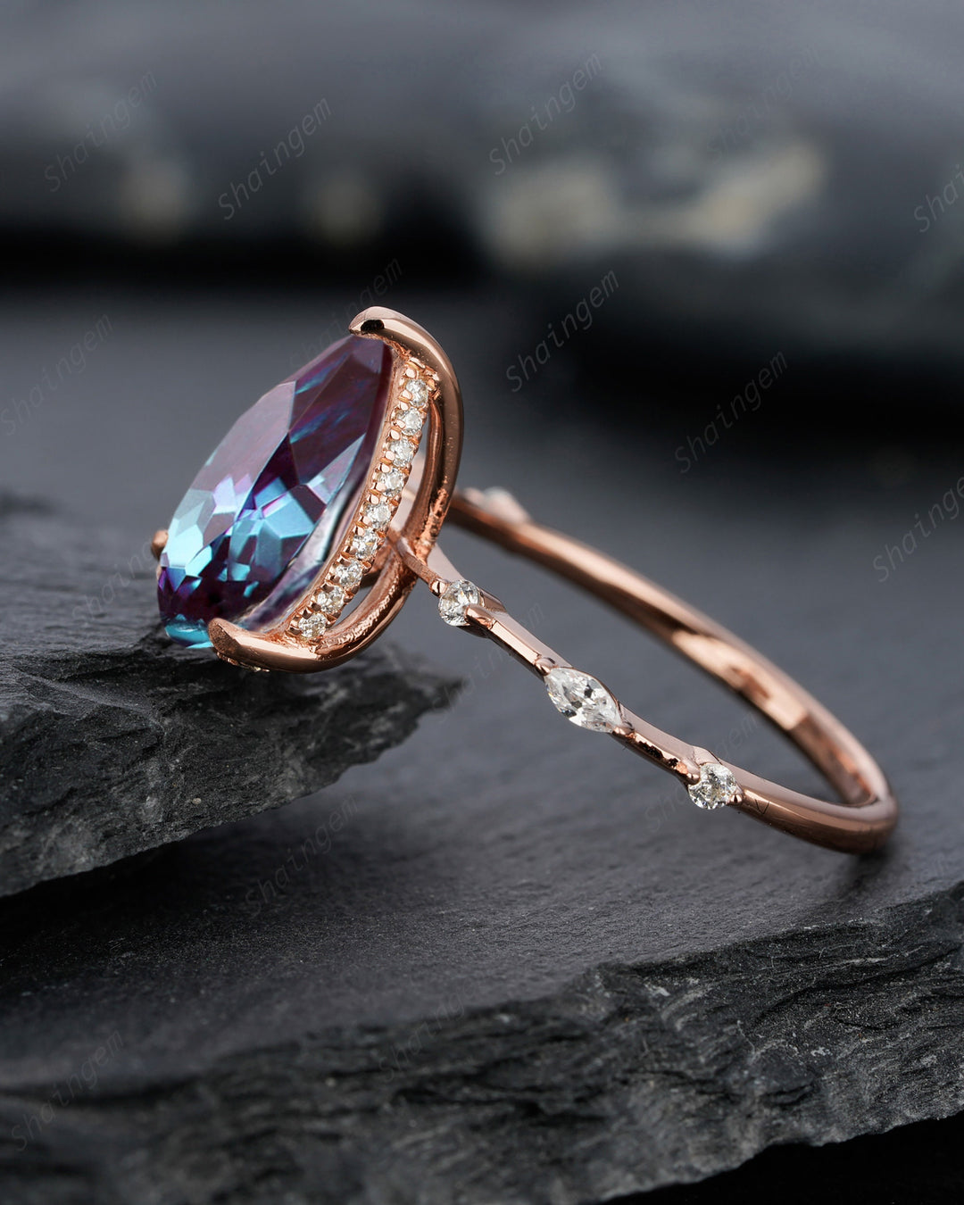 Vintage Large 8x12mm Pear Cut Alexandrite and Diamond Engagement Ring Unique Rose Gold Teardrop Alexandrite Hidden Halo Wedding Promise Ring - ShainJewelry