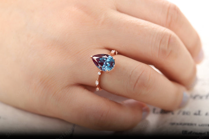 Vintage Large 8x12mm Pear Cut Alexandrite and Diamond Engagement Ring Unique Rose Gold Teardrop Alexandrite Hidden Halo Wedding Promise Ring - ShainJewelry