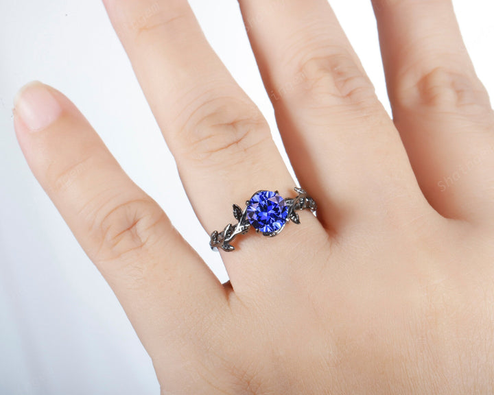 Black Gold Plated Round Cornflower Blue Sapphire Solitaire Ring, Rhodium Black Hip Hop Leaf Nature Inspired Sapphire Engagement Promise Ring - ShainJewelry