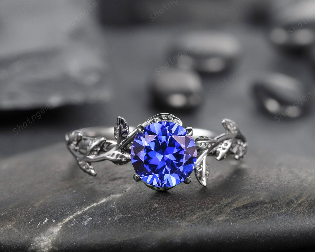 Black Gold Plated Round Cornflower Blue Sapphire Solitaire Ring, Rhodium Black Hip Hop Leaf Nature Inspired Sapphire Engagement Promise Ring - ShainJewelry
