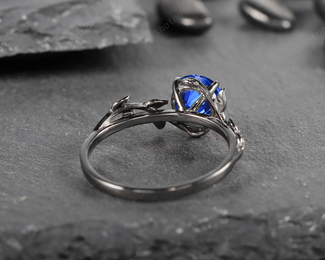 Black Gold Plated Round Cornflower Blue Sapphire Solitaire Ring, Rhodium Black Hip Hop Leaf Nature Inspired Sapphire Engagement Promise Ring - ShainJewelry