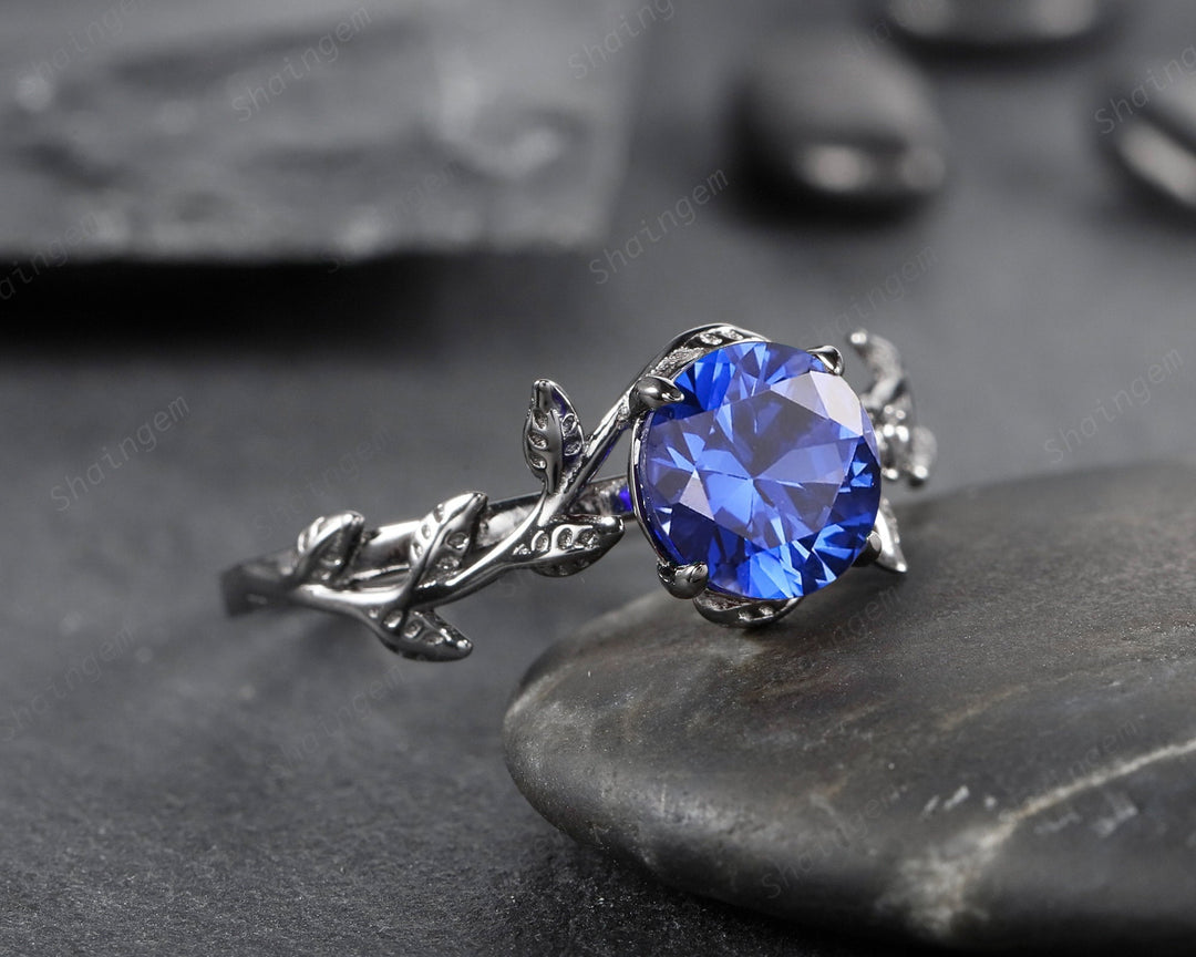 Black Gold Plated Round Cornflower Blue Sapphire Solitaire Ring, Rhodium Black Hip Hop Leaf Nature Inspired Sapphire Engagement Promise Ring - ShainJewelry
