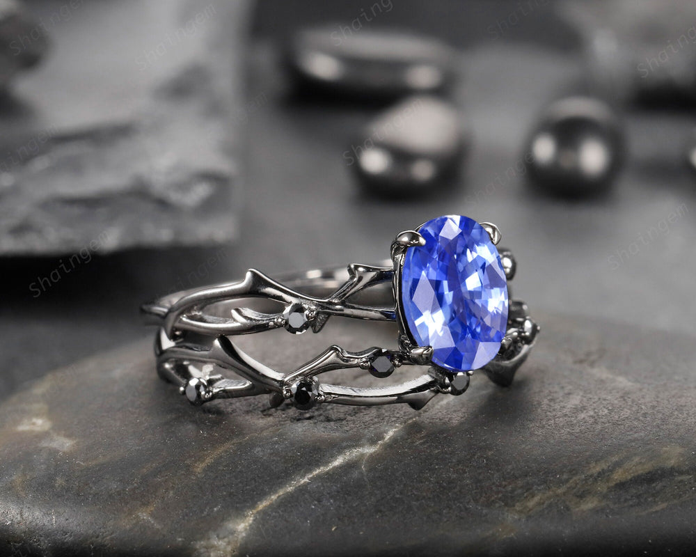 Rhodium Black Vermeil Oval Cornflower Blue Sapphire Engagement Ring Set, Black Gold Blue Sapphire Promise Ring Set, Black Diamond Bridal Set - ShainJewelry