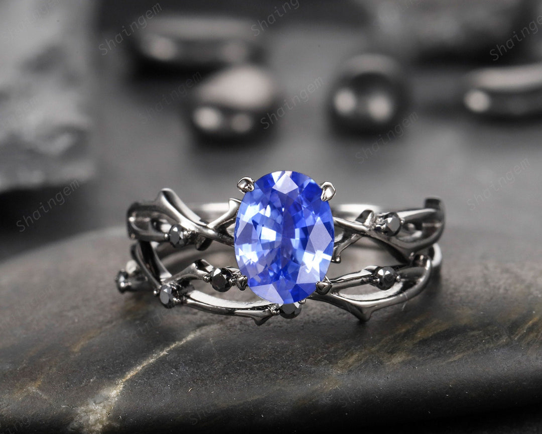 Rhodium Black Vermeil Oval Cornflower Blue Sapphire Engagement Ring Set, Black Gold Blue Sapphire Promise Ring Set, Black Diamond Bridal Set - ShainJewelry