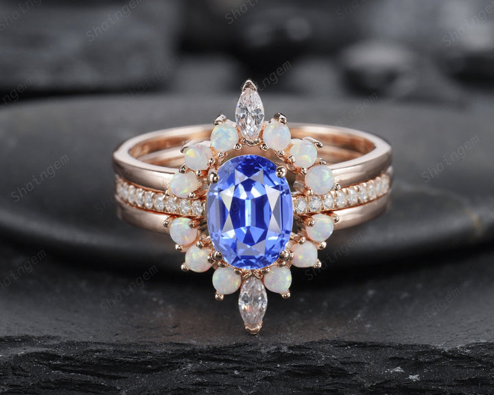 Vintage 3PCS Blue Sapphire and Opal Ring Set, Oval Cornflower Blue Sapphire Bridal Set, 14K Rose Gold Sapphire Wedding Set, Engagement Ring - ShainJewelry