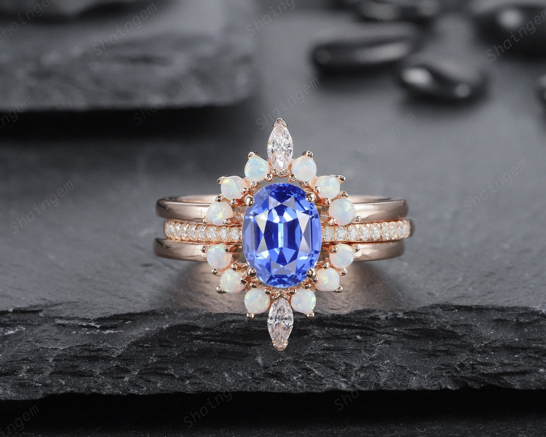 Vintage 3PCS Blue Sapphire and Opal Ring Set, Oval Cornflower Blue Sapphire Bridal Set, 14K Rose Gold Sapphire Wedding Set, Engagement Ring - ShainJewelry