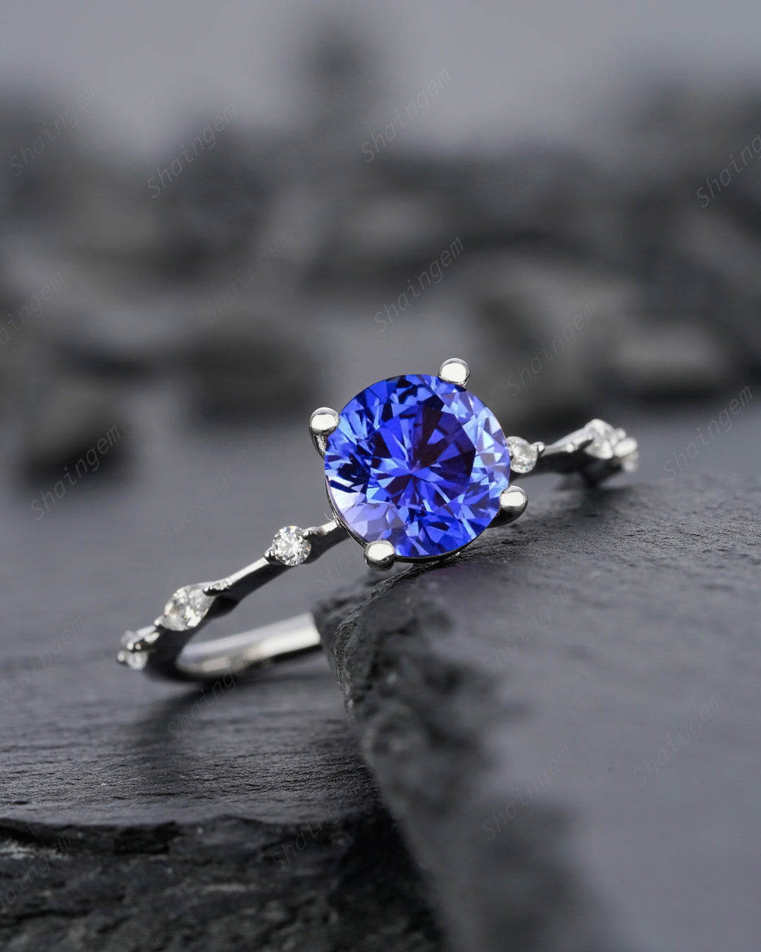 Unique Round Cornflower Blue Sapphire Engagement Ring Vintage White Gold Silver Blue Sapphire Wedding Ring, Blue Sapphire Promise Ring Gift - ShainJewelry