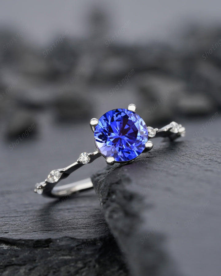 Unique Round Cornflower Blue Sapphire Engagement Ring Vintage White Gold Silver Blue Sapphire Wedding Ring, Blue Sapphire Promise Ring Gift - ShainJewelry