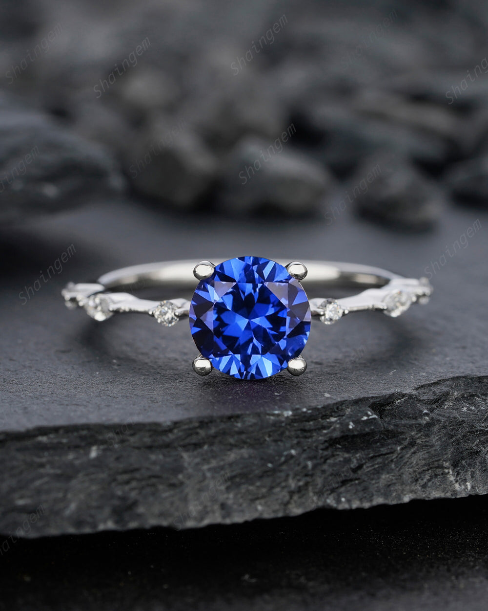 Unique Round Cornflower Blue Sapphire Engagement Ring Vintage White Gold Silver Blue Sapphire Wedding Ring, Blue Sapphire Promise Ring Gift - ShainJewelry