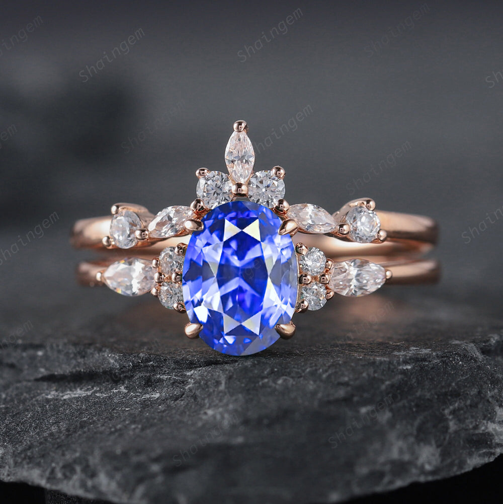 Vintage Oval Cut Cornflower Blue Sapphire Engagement Ring Set, Unique 14K Rose Gold /Silver Blue Sapphire Wedding Bridal Set Promise Ring - ShainJewelry