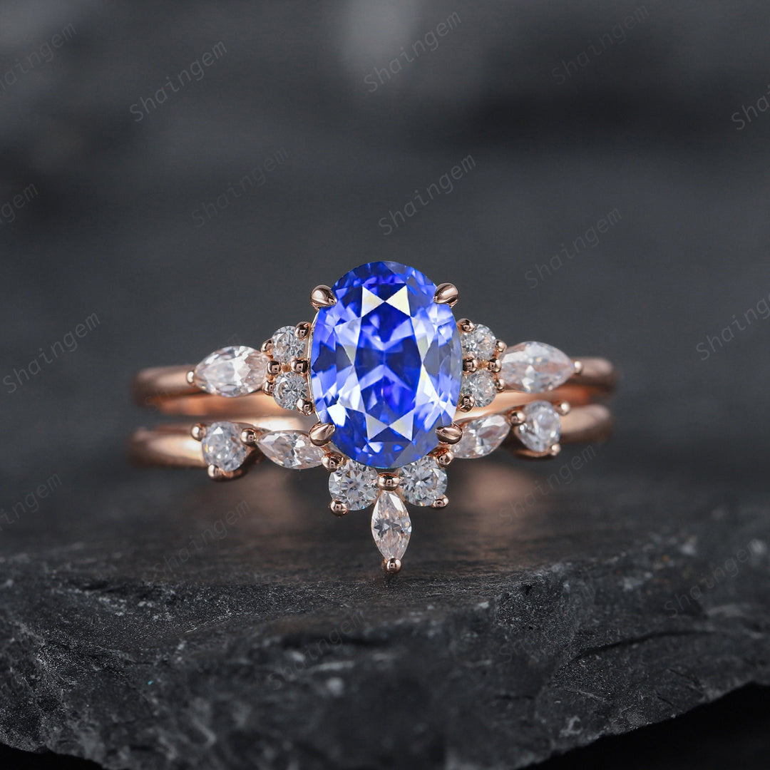 Vintage Oval Cut Cornflower Blue Sapphire Engagement Ring Set, Unique 14K Rose Gold /Silver Blue Sapphire Wedding Bridal Set Promise Ring - ShainJewelry
