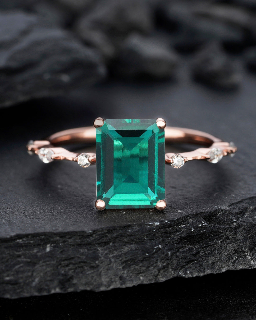 Vintage 2 Carat Green Emerald Engagement Ring, Unique Emerald Cut Wedding Ring, May Birthstone Promise Ring,14k Rose Gold Anniversary Ring - ShainJewelry