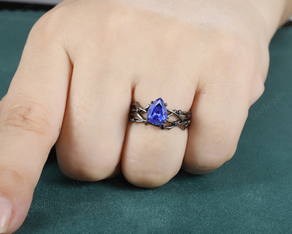 Pear Cornflower Blue Sapphire and Black Diamond Bridal Set, Black Gold Plated Twig Branch Black Moissanite Wedding Set, Rhodium Black Ring - ShainJewelry