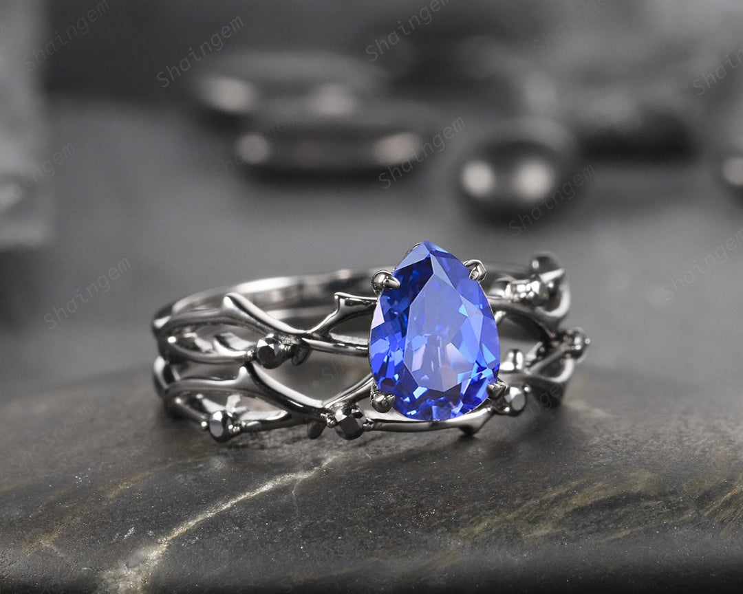 Pear Cornflower Blue Sapphire and Black Diamond Bridal Set, Black Gold Plated Twig Branch Black Moissanite Wedding Set, Rhodium Black Ring - ShainJewelry