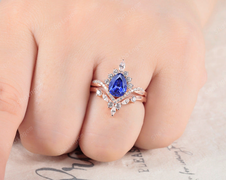 Pear Shape Cornflower Blue Sapphire Halo Engagement Ring Set, Unique 14K Rose Gold Chevron Bridal Set, Promise Ring Wedding Set for Women - ShainJewelry