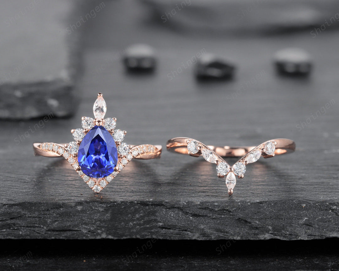 Pear Shape Cornflower Blue Sapphire Halo Engagement Ring Set, Unique 14K Rose Gold Chevron Bridal Set, Promise Ring Wedding Set for Women - ShainJewelry