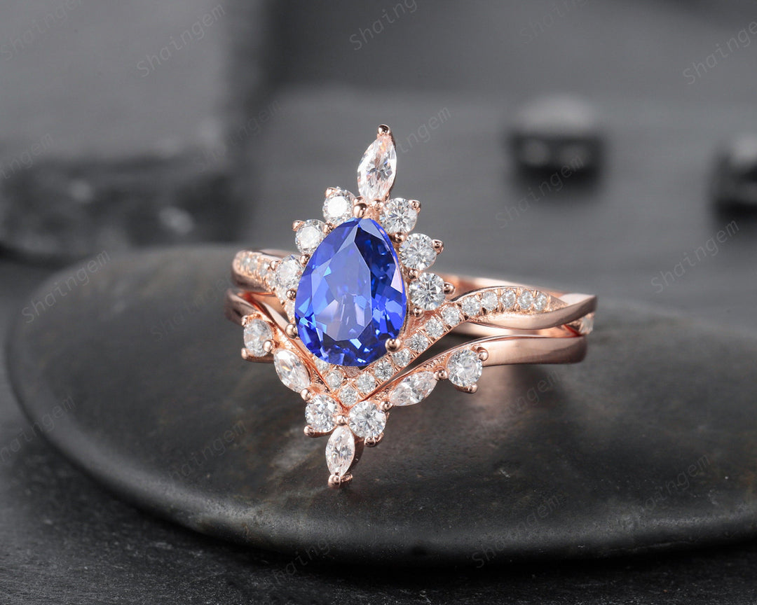 Pear Shape Cornflower Blue Sapphire Halo Engagement Ring Set, Unique 14K Rose Gold Chevron Bridal Set, Promise Ring Wedding Set for Women - ShainJewelry