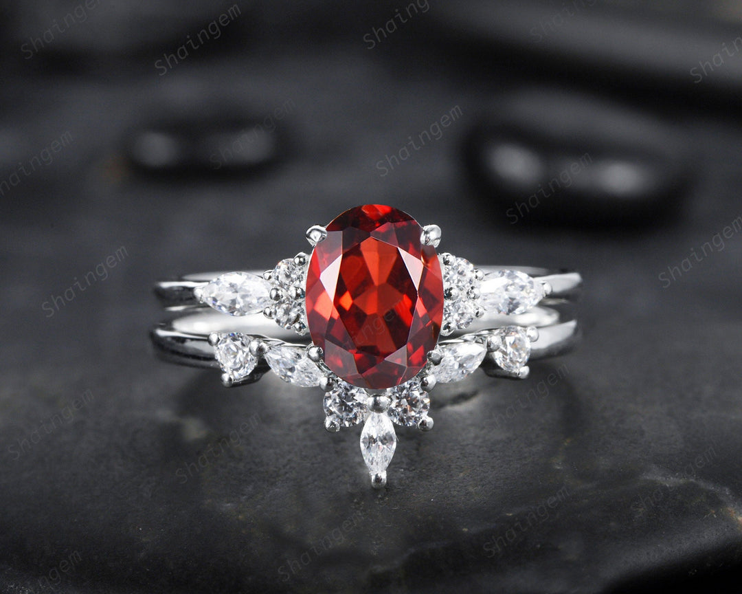 Vintage Oval Garnet and Diamond Engagement Ring Set 14K Rose Gold Garnet Wedding Set, Garnet Bridal Set Promise Ring January Birthstone Gift - ShainJewelry