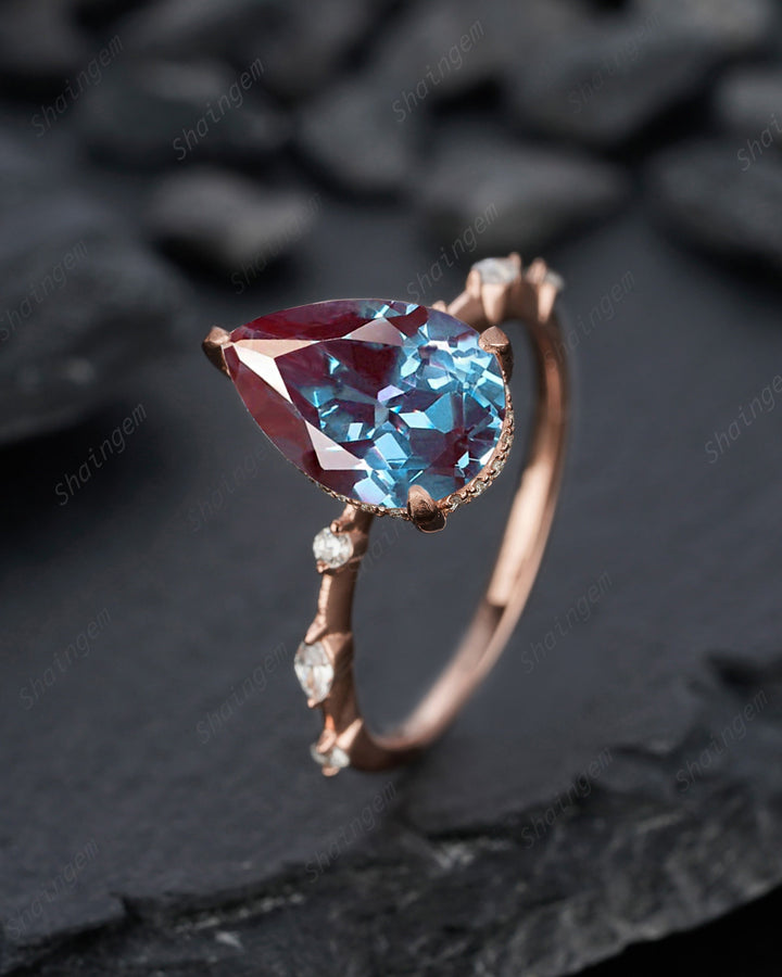 Vintage Large 8x12mm Pear Cut Alexandrite and Diamond Engagement Ring Unique Rose Gold Teardrop Alexandrite Hidden Halo Wedding Promise Ring - ShainJewelry
