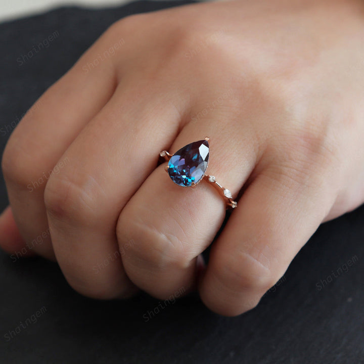 Vintage Large 8x12mm Pear Cut Alexandrite and Diamond Engagement Ring Unique Rose Gold Teardrop Alexandrite Hidden Halo Wedding Promise Ring - ShainJewelry