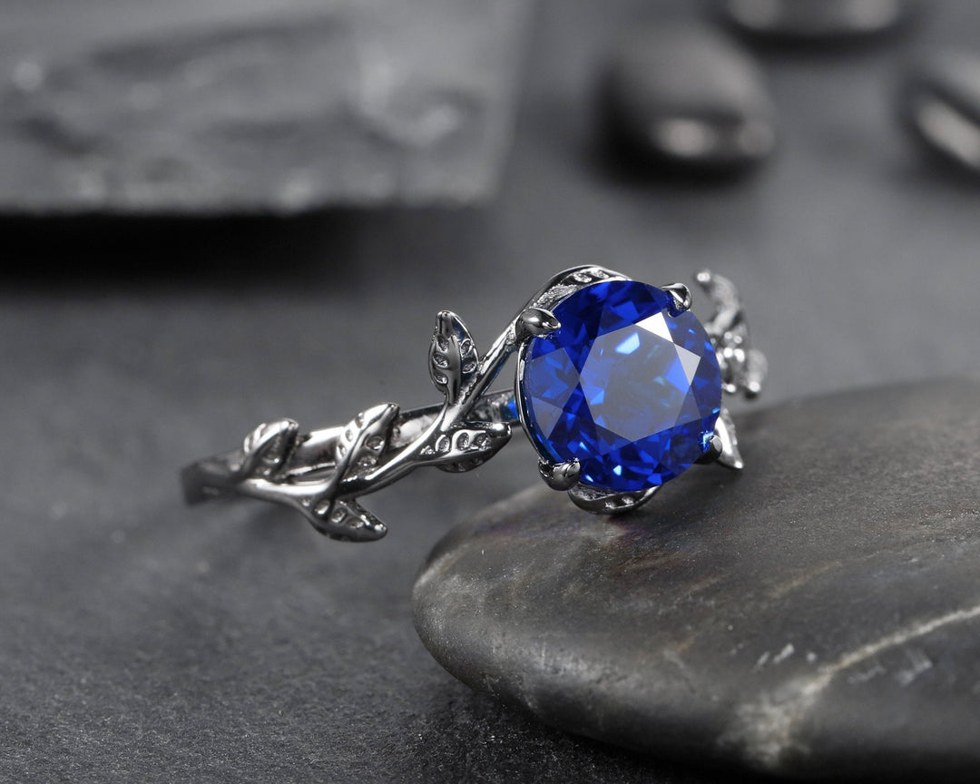 Black Gold Finish Round Blue Sapphire Solitaire Engagement Ring, Rhodium Black Hip Hop Leaf Nature Inspired Wedding Ring, Black Promise Ring - ShainJewelry