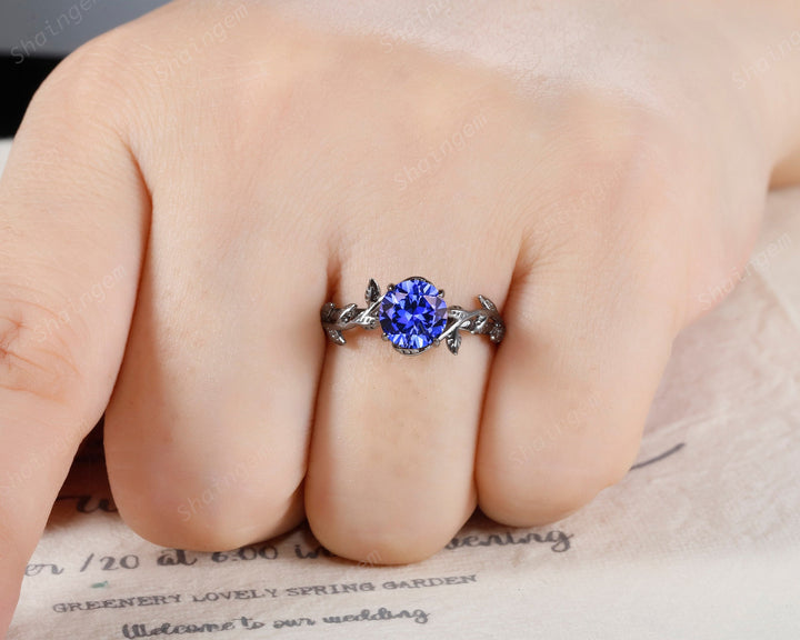Black Gold Plated Round Cornflower Blue Sapphire Solitaire Ring, Rhodium Black Hip Hop Leaf Nature Inspired Sapphire Engagement Promise Ring - ShainJewelry