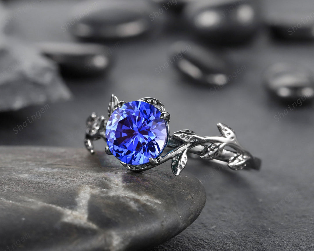 Black Gold Plated Round Cornflower Blue Sapphire Solitaire Ring, Rhodium Black Hip Hop Leaf Nature Inspired Sapphire Engagement Promise Ring - ShainJewelry