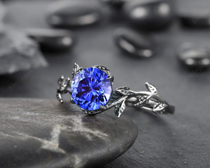 Black Gold Plated Round Cornflower Blue Sapphire Solitaire Ring, Rhodium Black Hip Hop Leaf Nature Inspired Sapphire Engagement Promise Ring - ShainJewelry